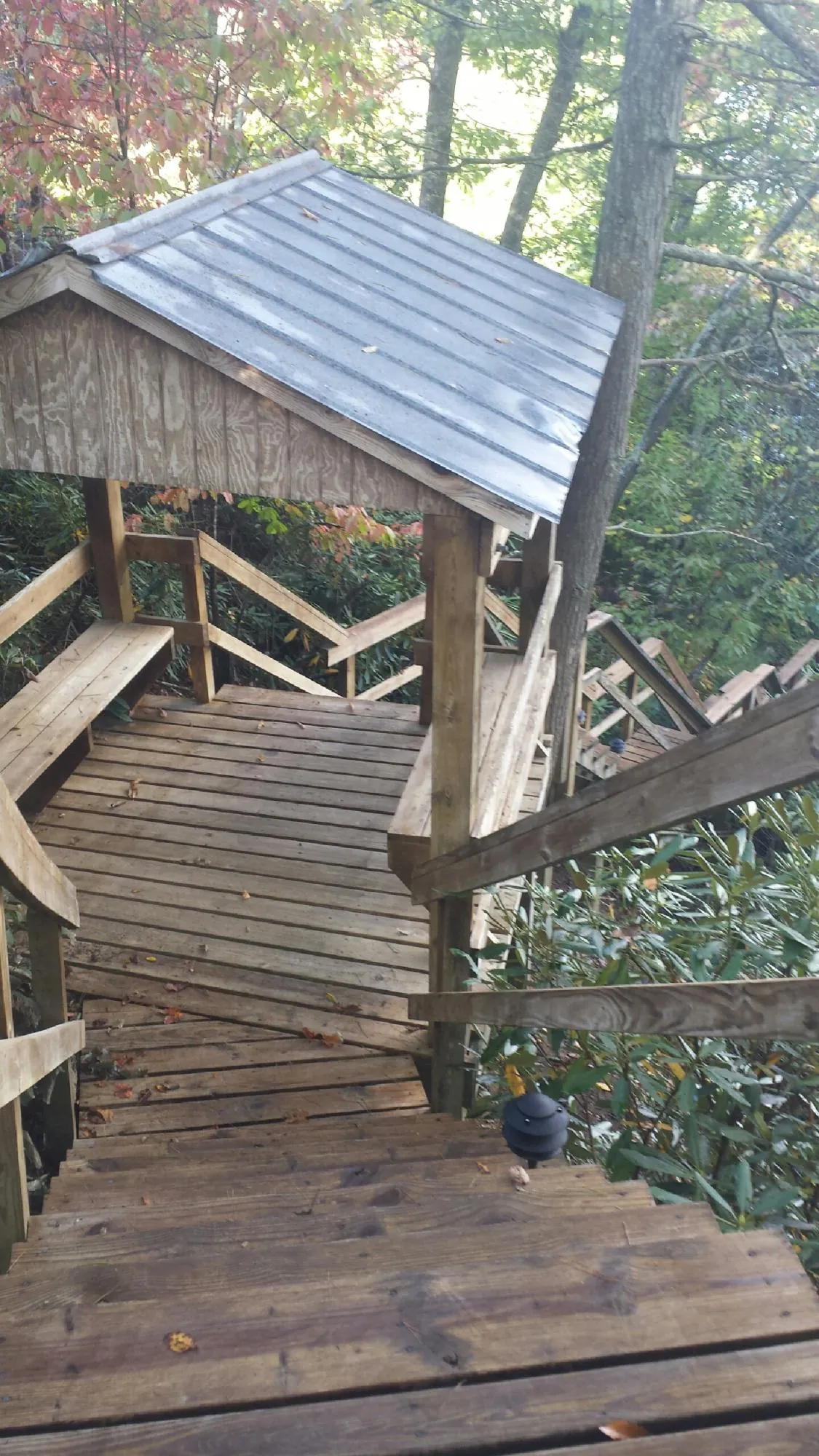 Metal roofed shelter over wooden steps on a wooded walkway — Skylight Repair & Installation work by our crew in Fairplay